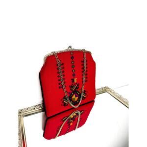 Vintage 70s Serbia Folkart Red Wool Embroidered Needlework Bag Metal Frame